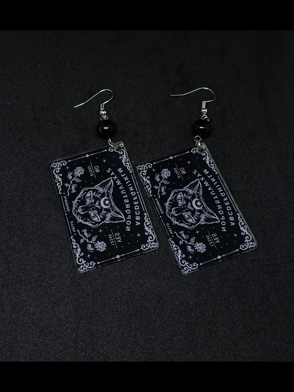 Mystic Cat Ouija Board Dangle Earrings - Black